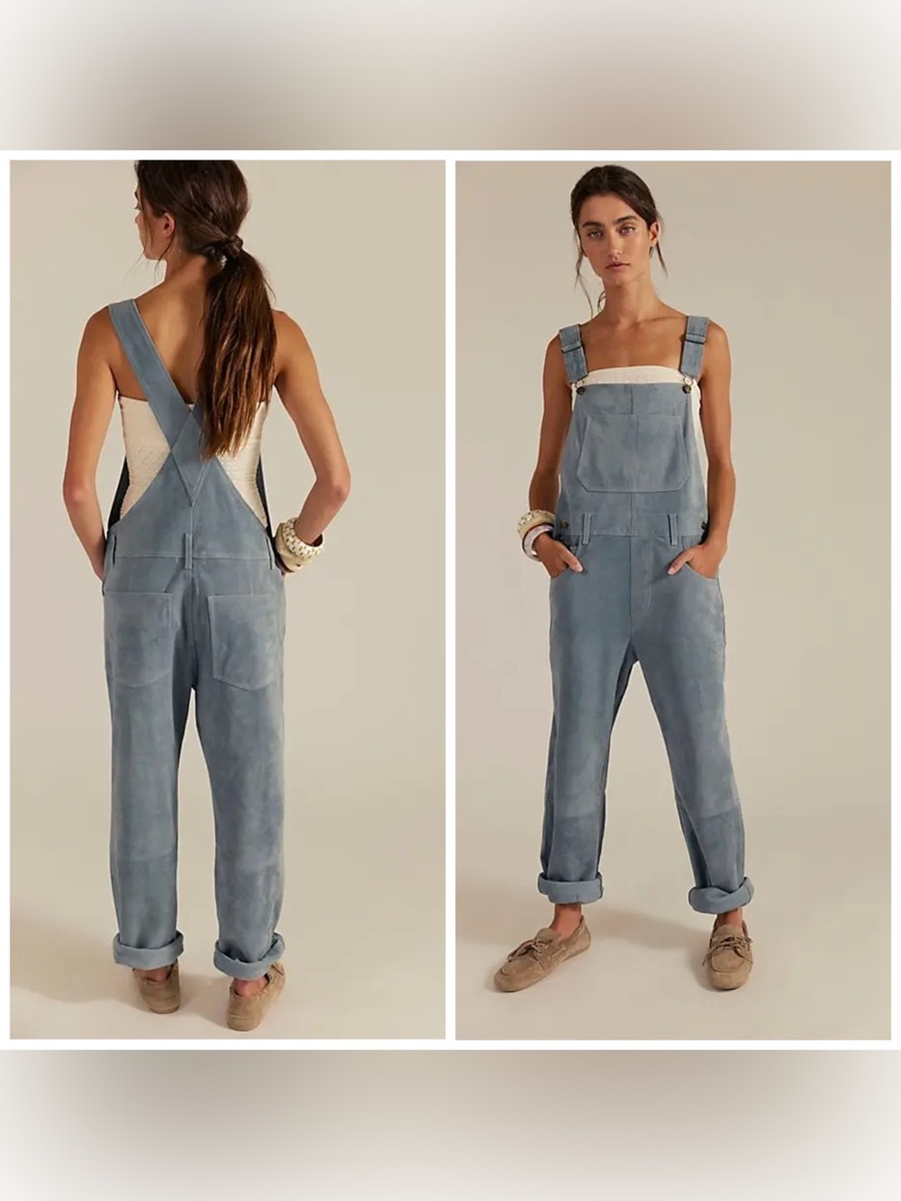 Free People We The Free Ziggy Suede Genuine Leather Overalls Steel Sea Blue Sz M